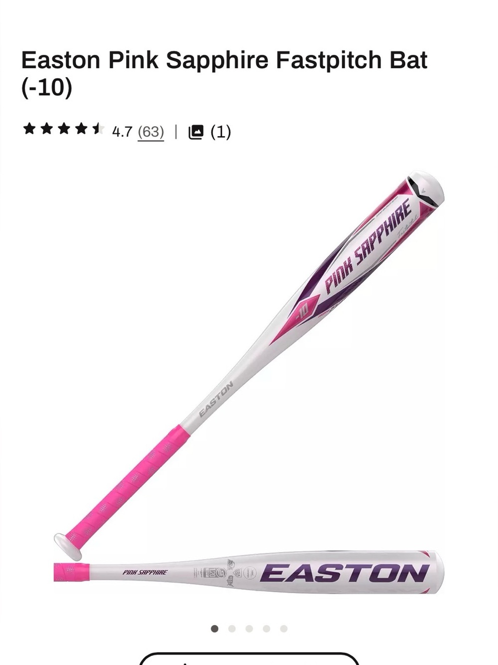 Easton Sapphire White-Pink Softball Bat, Fast Pitch FP22PSA, 26in/16oz, -10